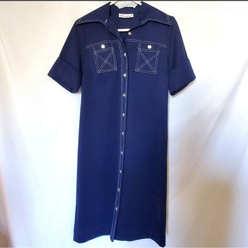 Vintage 60s 70s Blue Button Down Midi Dress, Size 10